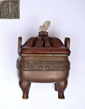 19C Chinese Bronze Censer Incense Burner Jade Finial & Wood Carved Lid Marked