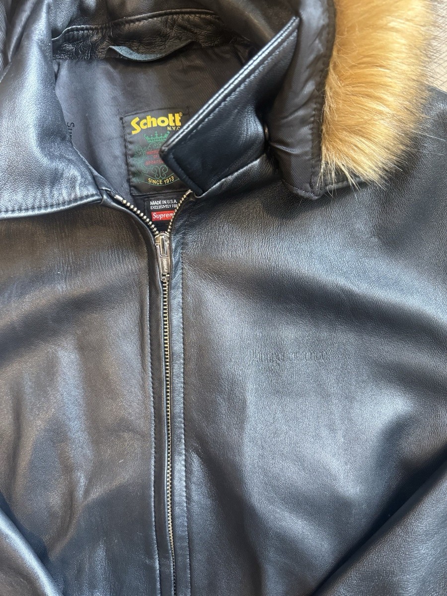 Schott Supreme Black Leather Bomber Jacket Fur Trim Hood Size L | eBay
