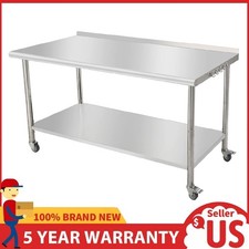 60" Stainless Steel Prep Table Heavy Duty Kitchen Worktable w/Backsplash  Wheel