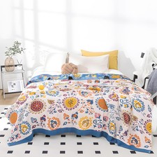 Boho Throw Blanket, 100 Cotton Soft Throw Rustic Quilt, 60"x80" Floral Print...