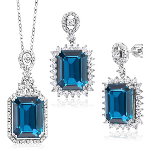 925 Sterling Silver London Blue Topaz Pendant and Earrings Jewelry Set ...