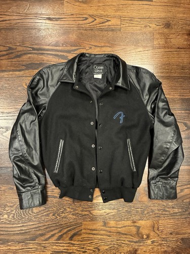 Ocean West Fender Jacket Black Leather and Wool Embroidered Men's Size 40