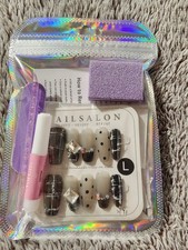 AILSALON Large Coffin Press-On Nails Set Black Beige 3D Polka Dot Glue Included