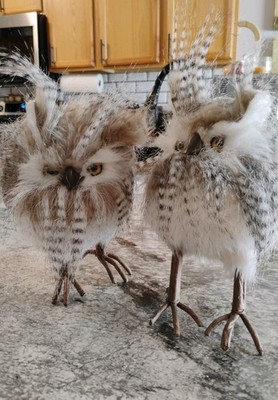 Real Life like Faux Fur Feathers Owl 9'' White Gray Set of 2