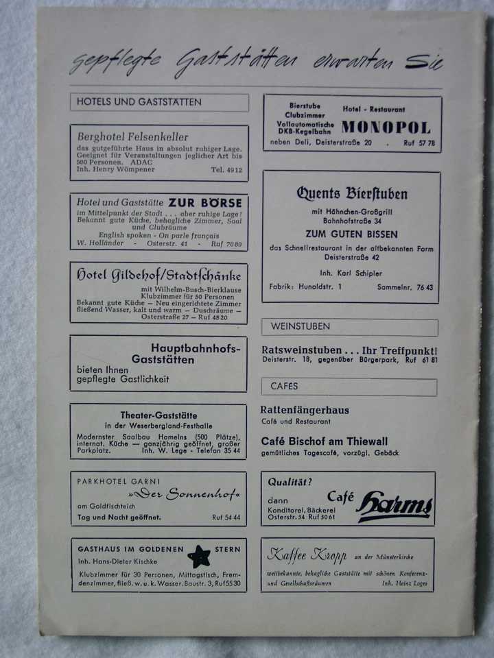 Veranstaltungsplan der Stadt Hameln 1964 incl. Circus Althoff+Werbung 14 Tage A5 - Bild 2 von 2