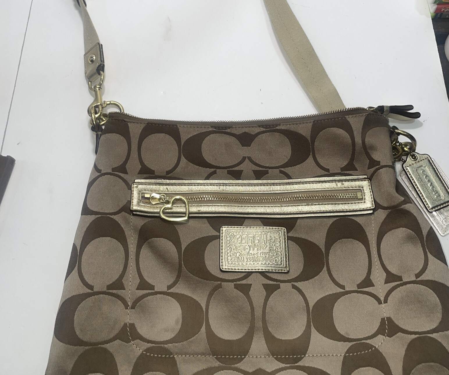 Coach Daisy F20026 Khaki Tan Signature Large Shoulder Tote Bag Purse Brass image 3