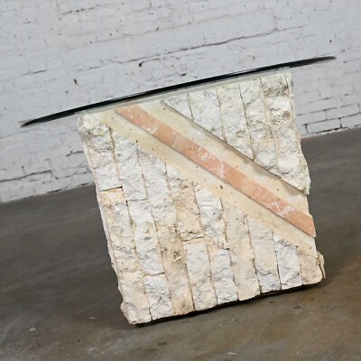 Modern Tessellated Mactan Stone Sqr End Table Peach Stripe Style