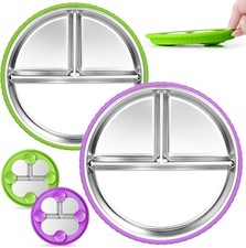 2 Pack 9" Stainless Steel Divided Toddler Plates with Suction, BPA Free