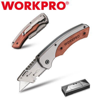 WORKPRO Folding Utility Knife Box Cutter Wood Handle Razor Knife 10PC SK5 Blade