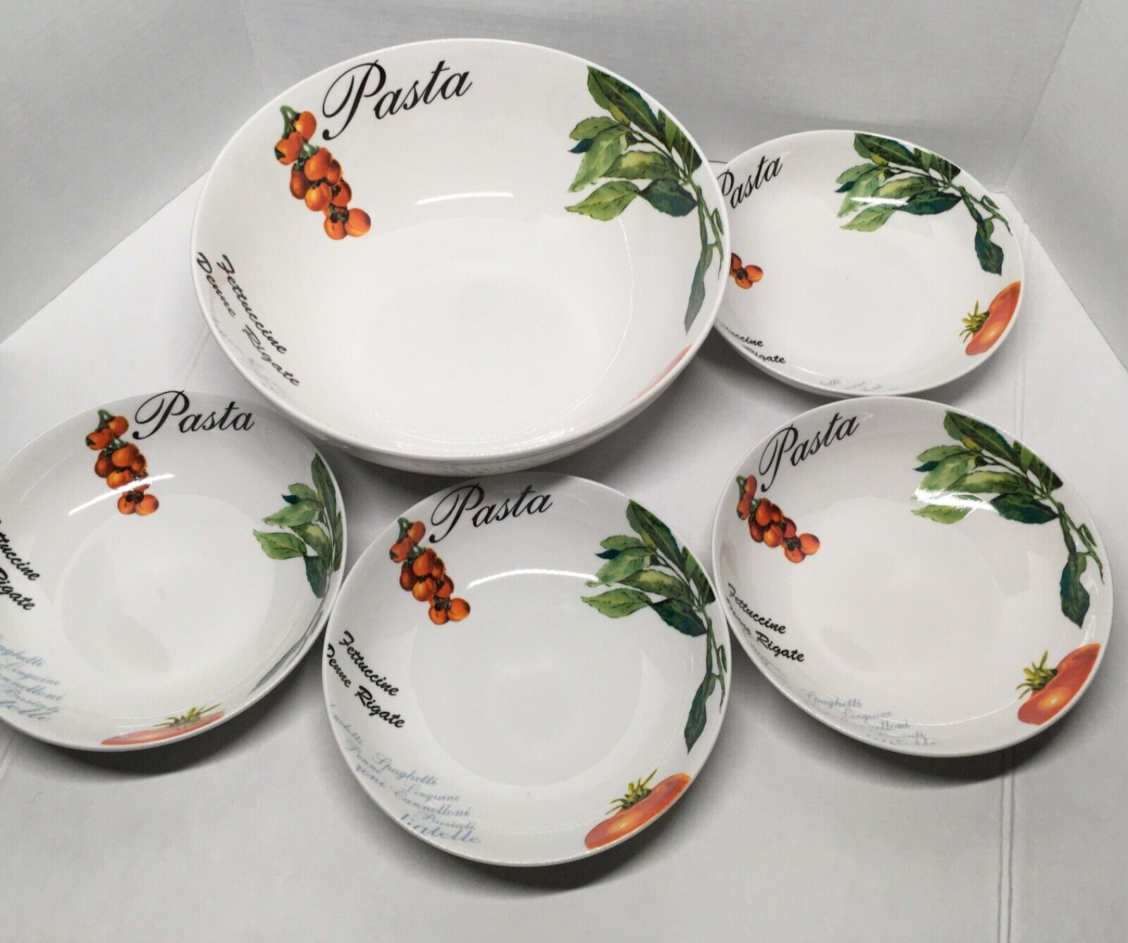 Hampton Home Pasta Serving Bowl & Individual Bowls (4) Tomatoes and Basil