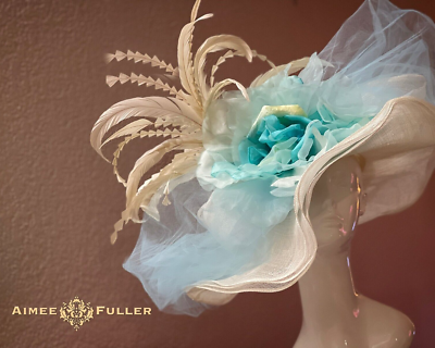 Kentucky Derby Hat Baby Blue Aqua Rose White Cream Del Mar  display picture 1