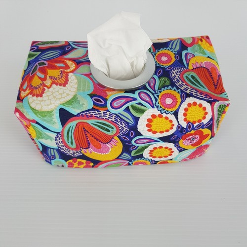 Tissue Box Cover Handmade Bright Multi-Coloured Floral Silver Circle Opening - Picture 5 of 13