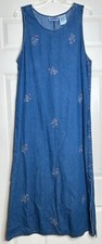 Vtg Erika & Co Large Denim Overall Jumper Dress Embroidered Flowers Teacher Mom