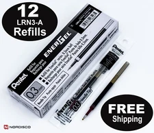 Pentel LRN3-A EnerGel Refill, 0.3 Needle Tip, Black Liquid Gel Ink, Box of 12