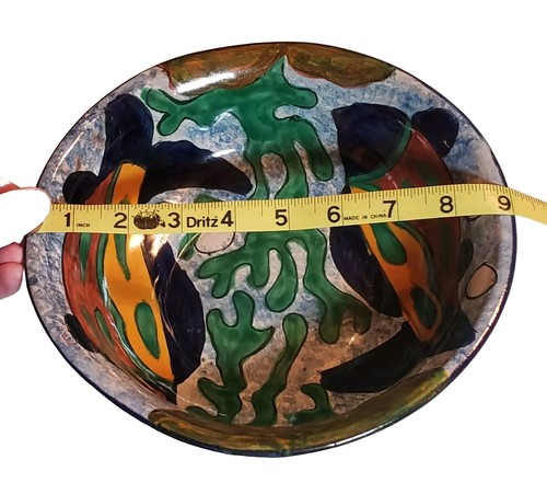 Mexican Talavera Folk Art Round Serving Bowl Hand Painted 9" Dia 3" D Fish Coral - Picture 5 of 10