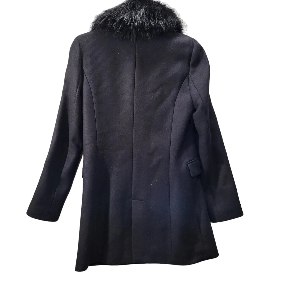 Zara Womens Coat Black S Wool Faux Fur Collar Asymmetrical Zipper Big Pockets