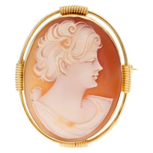 Shell Cameo pin/pendant portrait of a short hair lady set in 14k yellow gold. - Picture 1 of 11