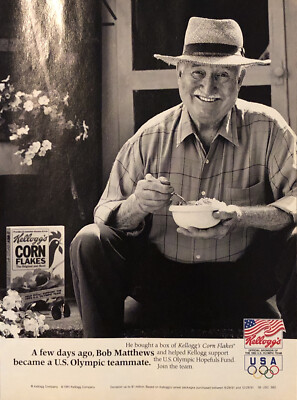 1991 Kelloggs Corn Flakes Bob Matthews 1992 USA Olympic Team VTG 1990s PRINT AD