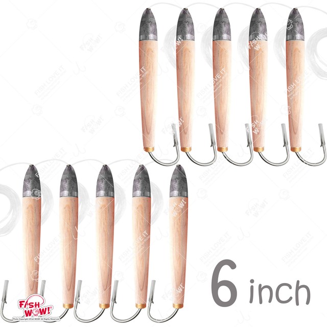 10pcs 6" Fishing Rigged Cedar Plugs Tuna Mahi Marlin Wood Lure Natural