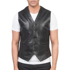 Vest Leather Men's Biker Motorcycle Jacket Men Pockets Concealed Carry Black 4