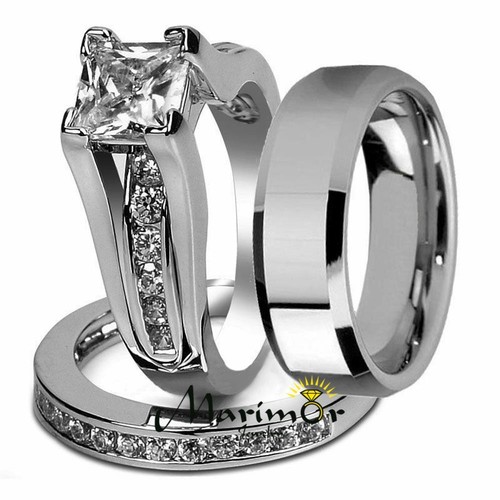 His & Hers Stainless Steel Princess Wedding Ring Set & Beveled Edge Wedding Band - 第 1/5 張圖片
