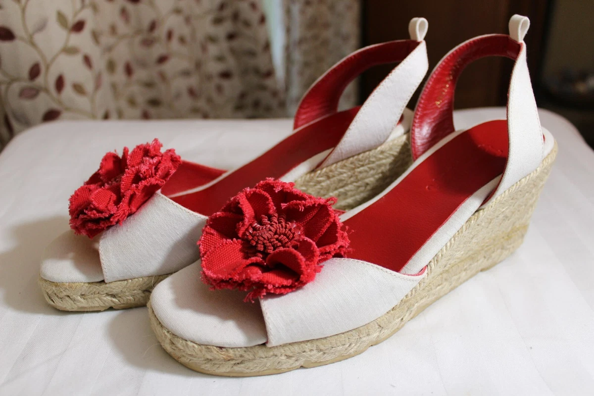 boden wedge sandals size 4 37 in white red leather canvas hessian VGC