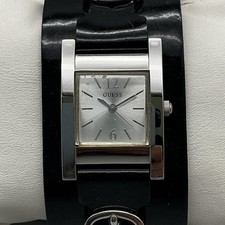 Guess Womens Watch 22mm Silver Tone Black Leather Bund Cuff Strap New Battery