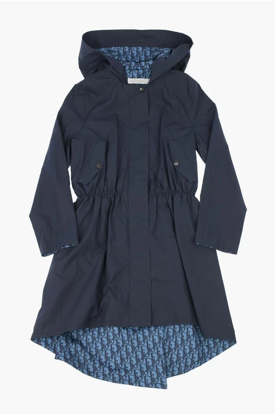 Trench coat Christian Dior blu navy con cappuccio e fodera logo taglia 10