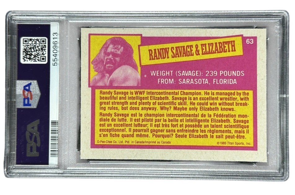1985 O-Pee-Chee WWF #63 Randy Savage & Miss Elizabeth PSA 8 NM-MT Wrestling Card view 3