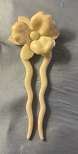 VINTAGE Acetate 2-Prong Hair Stick Fork with Flower Ivory