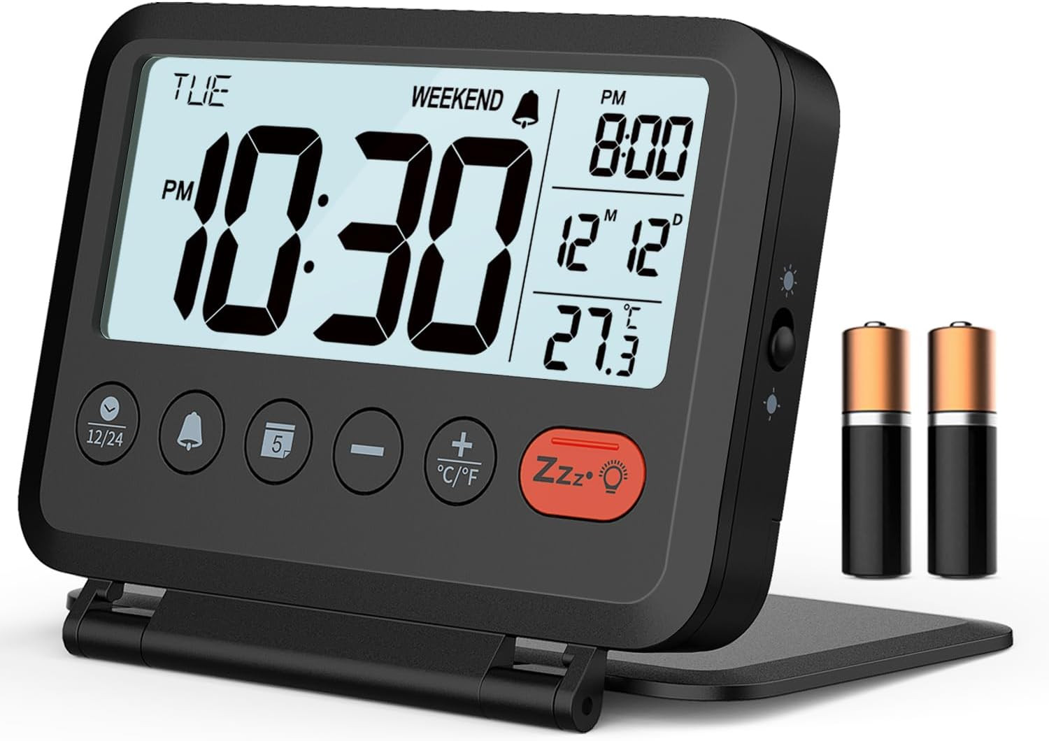 Reloj Despertador Digital Viaje Negro 3.54pulg LCD Snooze Luz Batería Incluida