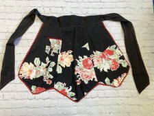 Vtg Black Hostess Half Apron Floral Rose Cottagecore Pocket Rickrack Zigzag
