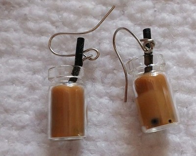 Tapioca Boba Bubble Milk Tea drink Miniature Bottle dangle earrings  NWOT