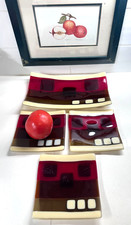 Fused Art Glass Set of 4 Dishes Sushi Style Retro Geometric Design Vtg