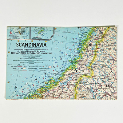 Vintage 1963 National Geographic Scandinavia Map Norway Sweden Finland Cold War