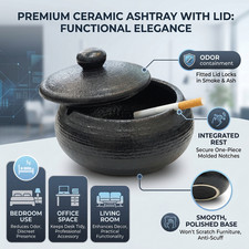 BLACK CERAMIC ASHTRAY DESKTOP SMOKING ASHTRAY WITH LID FOR HOME INDOOR & OUTDOOR