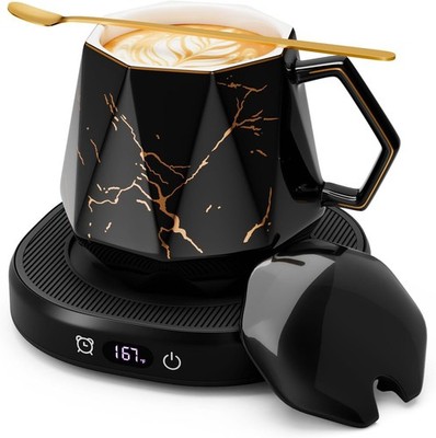 Coffee Mug Warmer & Unique Marbling Set, Smart Heated Electric Cup Black 