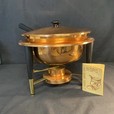 1970s Copper Plated Vintage Fondue Pot Craft Set w/ Pot Sterno Lid & Stand