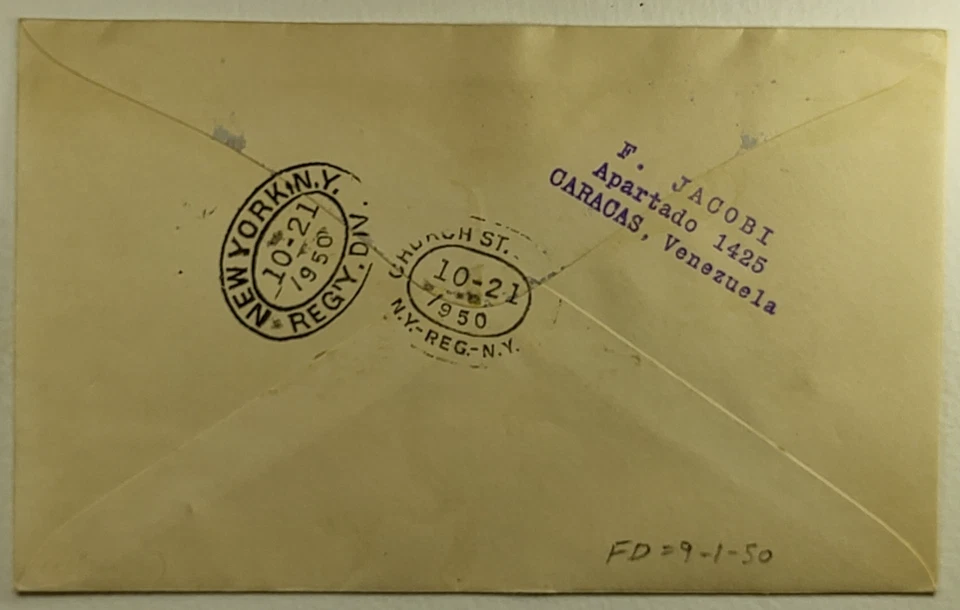 1950 Venezuela FDC Registered First Day Airmail Cover Caracas to NYC - Image 2 of 2