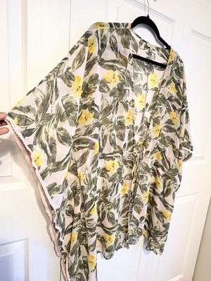 Lily White Sheer Floral Kimono Tropical Resort Wear Beach Coverup Boho XL