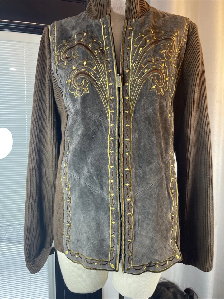 Abrigo Chaqueta Bob Mackie Marrón Cuero Bordado M Mujer Cremallera Frontal Foto 3 de 4