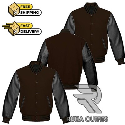 Unisex Wool Brown Black Real Leather Sleves Baseball Letterman Varsity Jacket