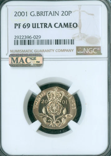 2001 GREAT BRITAIN 20 PENCE NGC PF69 UCAM PQ MAC 2ND FINEST & SPOTLESS  .
