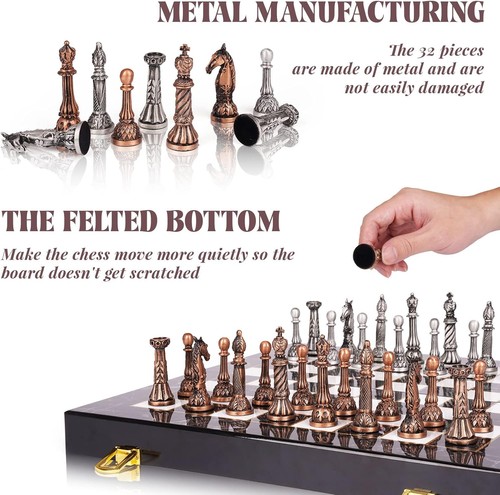 Retro Metall Schachspiel Marmor Schachbrett mit Metallfiguren Klappbrett - Bild 6 von 6