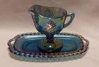 Vintage Indiana Blue Carnival Glass Creamer & Tray Iridescent Harvest Grape