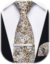 Cotton Floral Tie for Men 2.5" Printed Skinny Necktie Beige Brown Floral