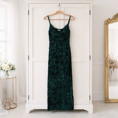 Revelry Floral Deep Forest Green Burnout Velvet Dress Side Slits Size 0