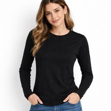 Ladies Black T-Shirt Long Sleeve Cotton Rich Soft Touch Crew Neck Work Top