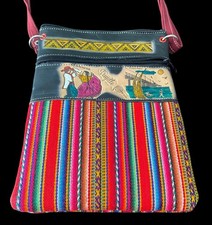 Vtg Hand Made Handbag From PERU TRUJILLO Leather  Cloth 9.5  X 7  