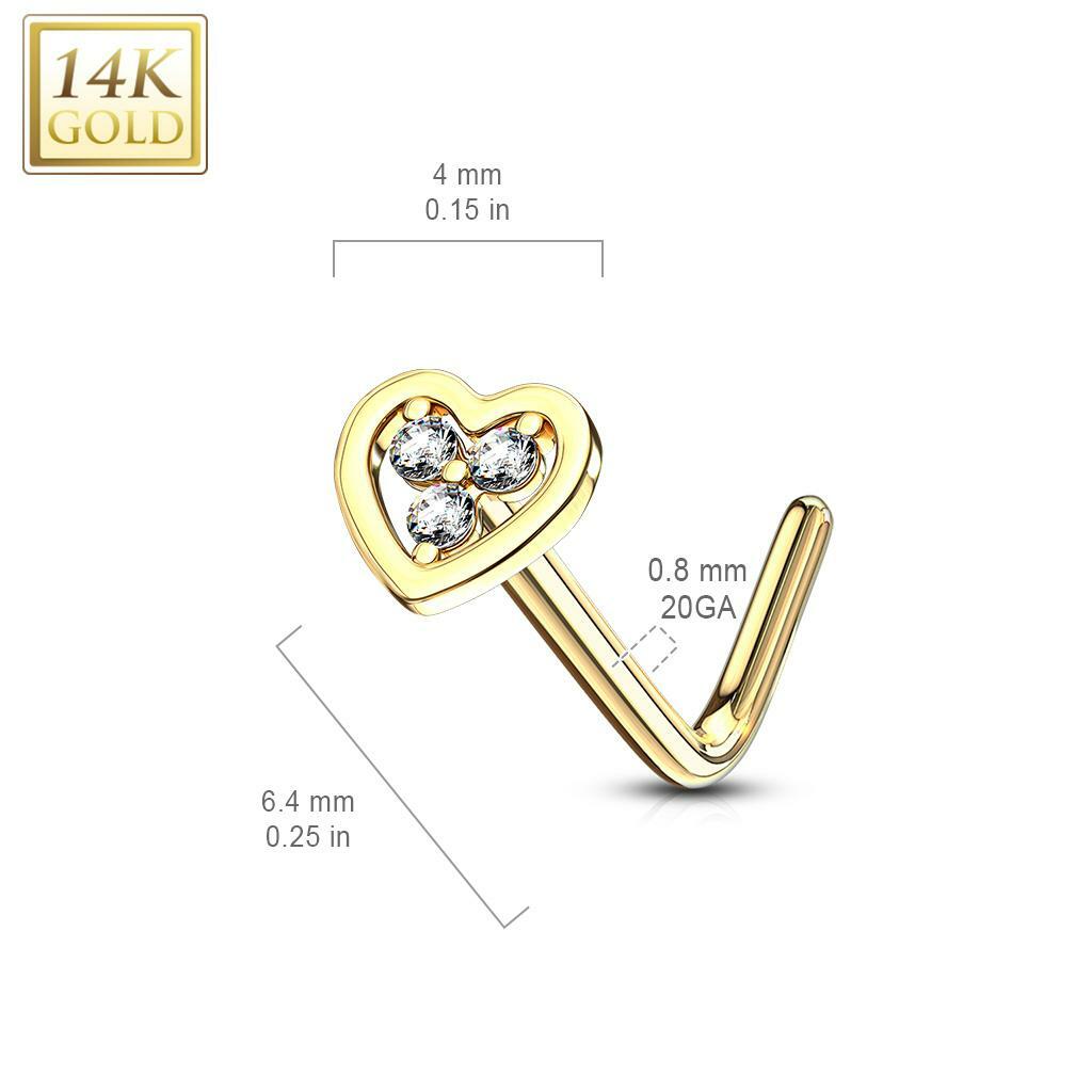 14k Gold 20 Gauge Nose Ring L Bend with Tri Stacked Round CZ Center Hollow Heart
